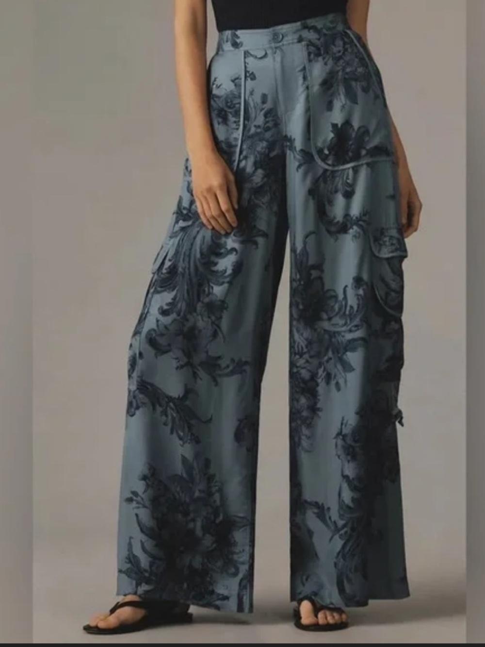 Anthropologie Palazzo Utility Trousers Slate Blue Floral Wide-Leg Pants sz 14